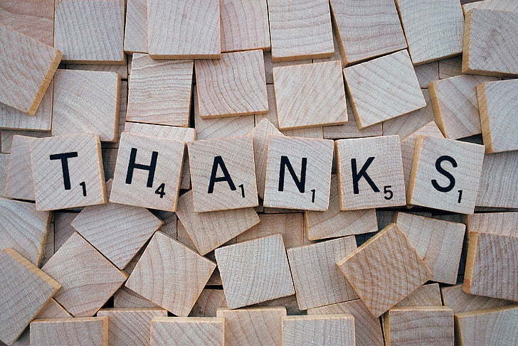 Scrabble tiles spell the word "thanks"
